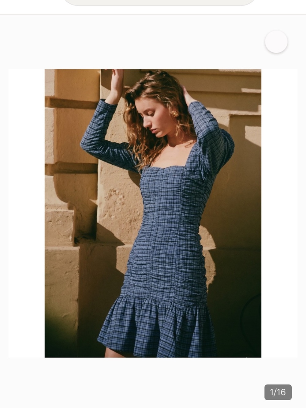 Ganni NWT Blue Plaid Smocked Long-Sleeve Midi Dress